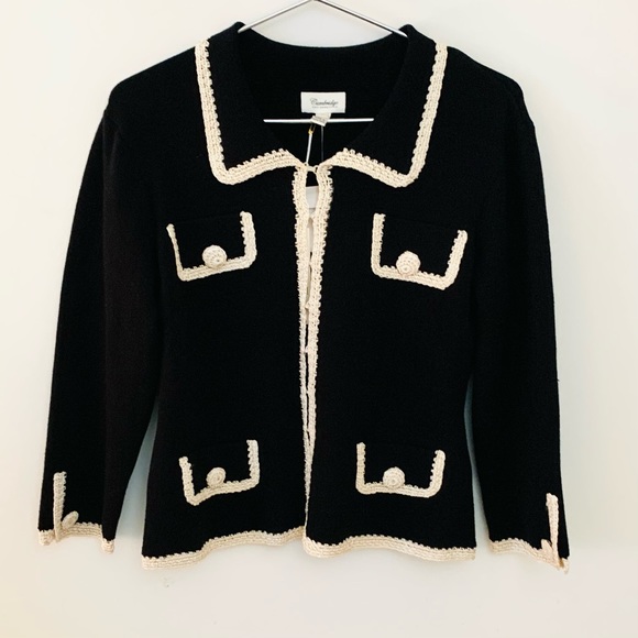 CAMBRIDGE DRY GOODS CO. Vintage Cotton Knit Cropped Jacket, black and cream - Picture 1 of 10